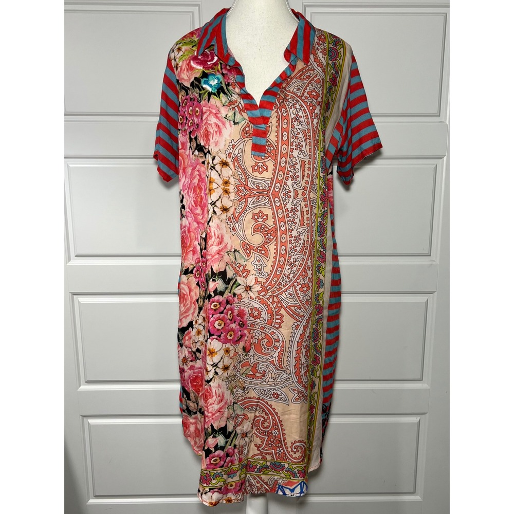 Artful Embroidered Floral Paisley Stripe Collared Soft Modal Shirt Dress Large